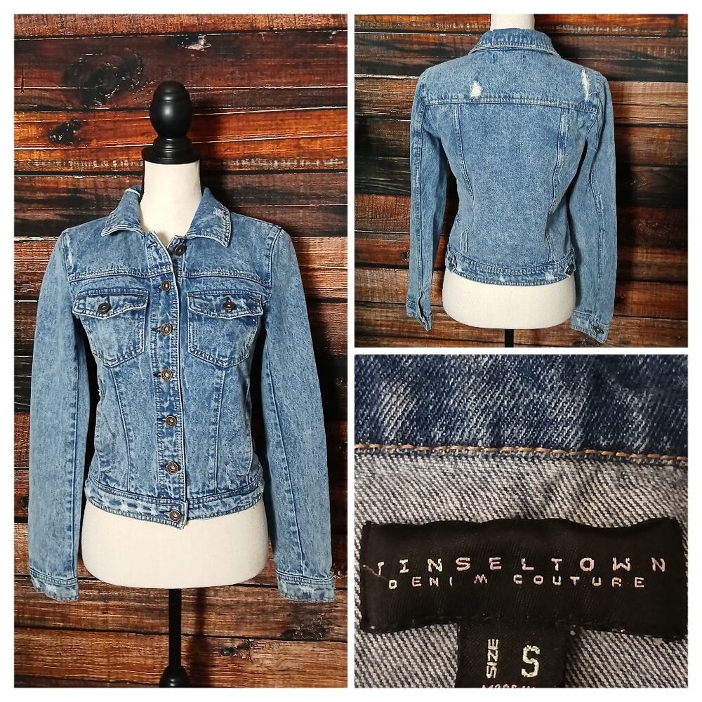 Tinseltown Jean Jacket S Cropped Distressed Acid Wash Blue Denim